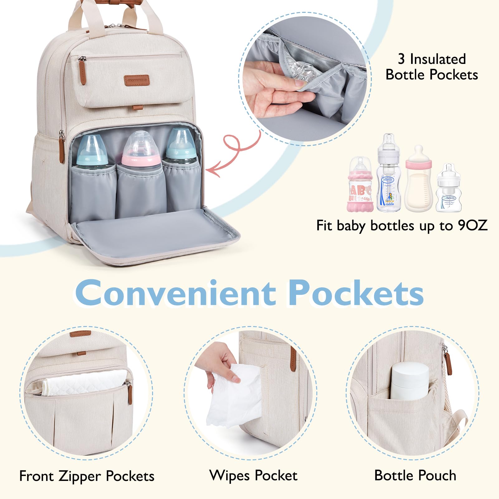 mommore insulated bottle pockets maintain temperature for easy feeding.