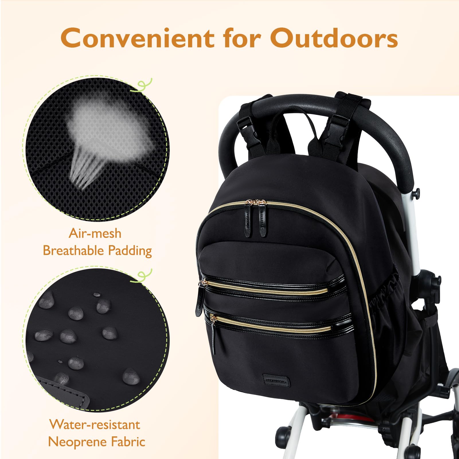 mommore diaper bag includes stroller clips for hands-free travel with baby
