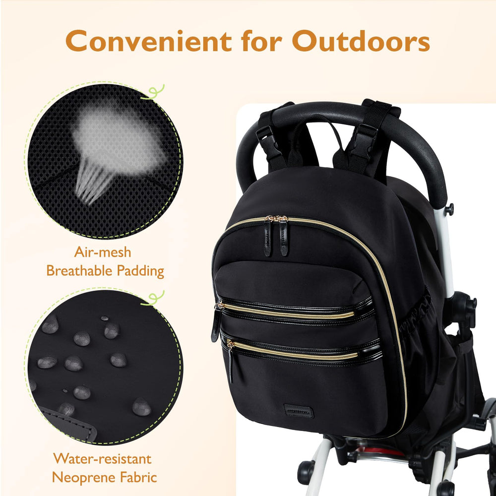 mommore diaper bag includes stroller clips for hands-free travel with baby