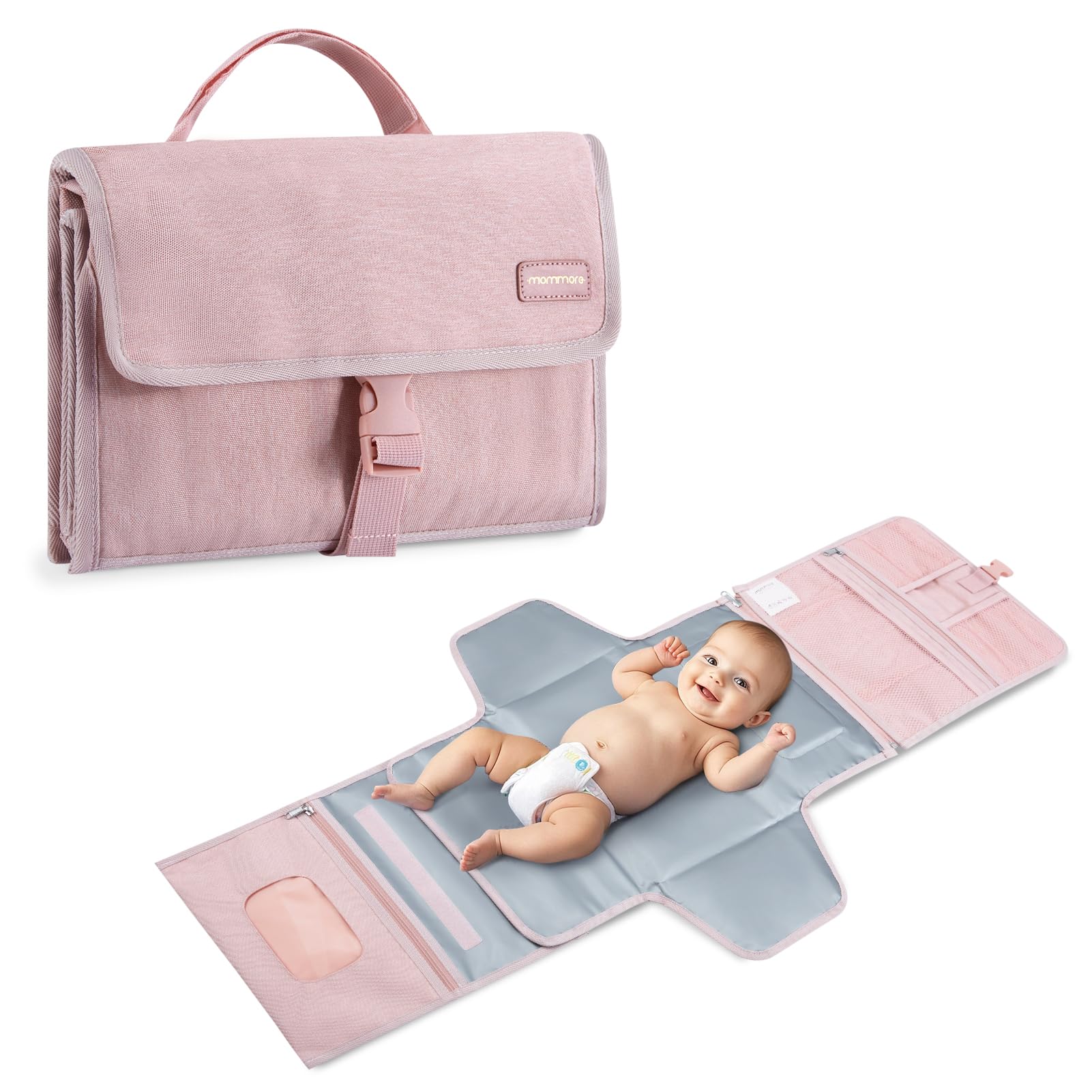Mommore portable changing pad with open pockets for organized essentials.