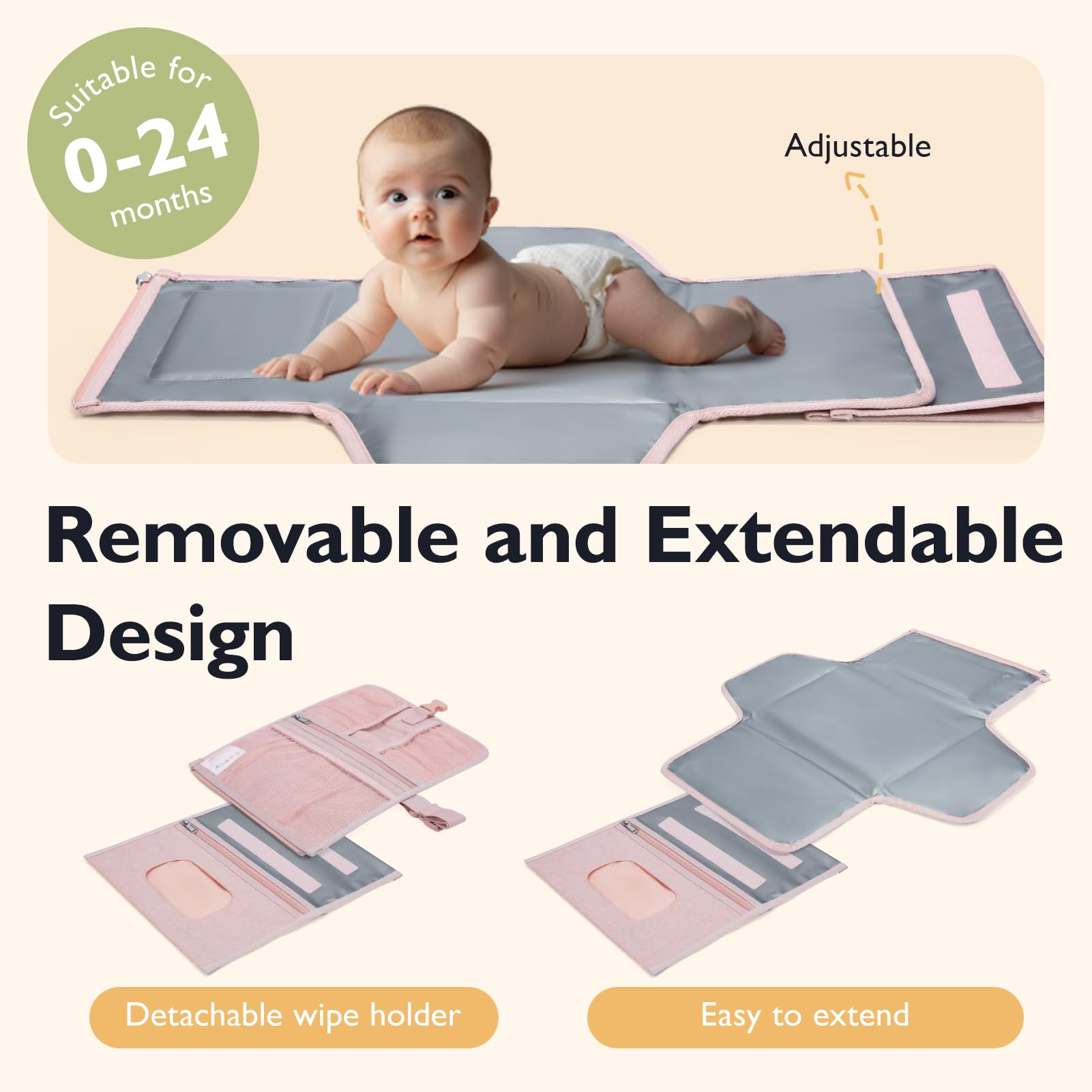 Mommore changing pad showing a wipes pocket for quick cleanup on the go.