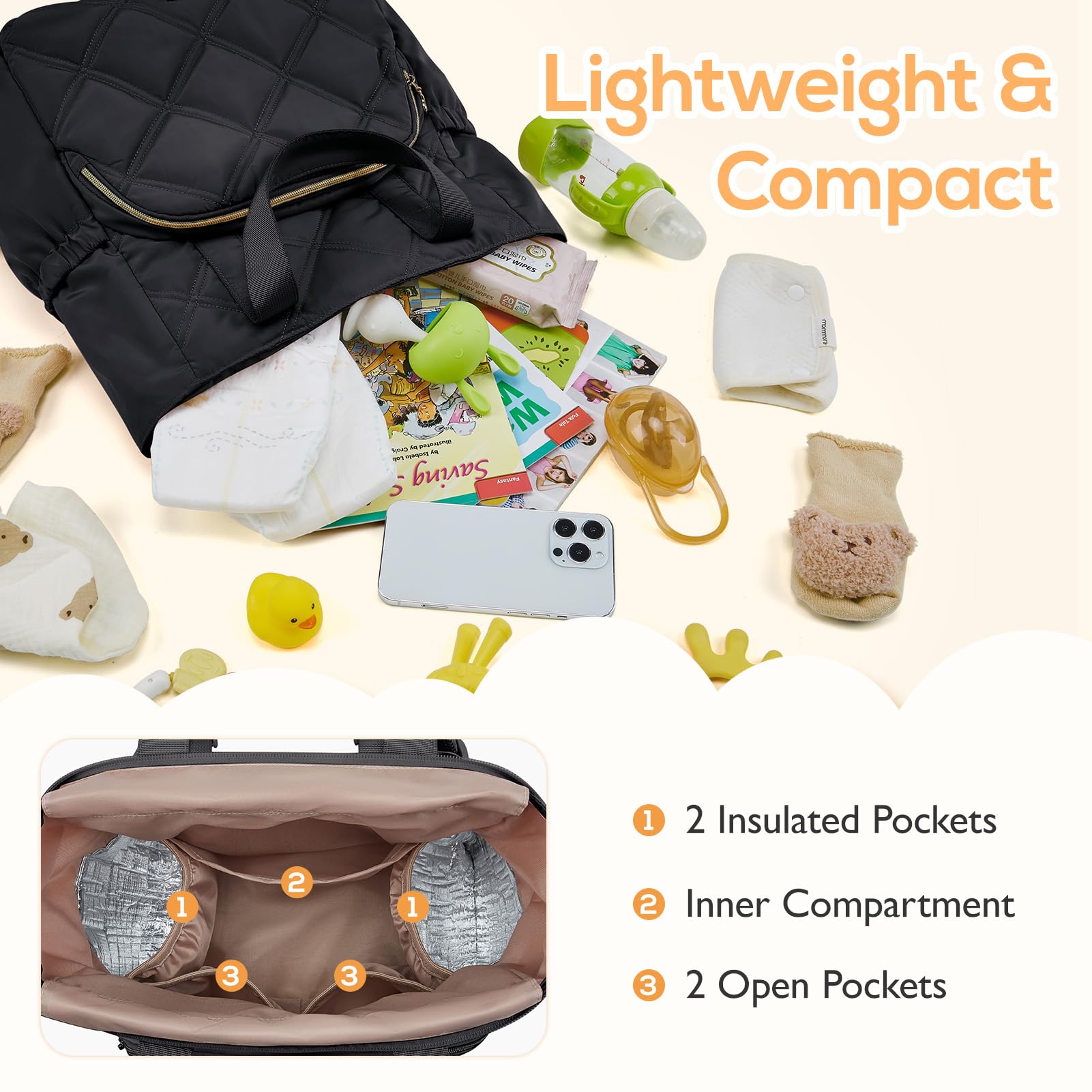 mommore quilted diaper bag backpack insulated compartments for bottles and snacks