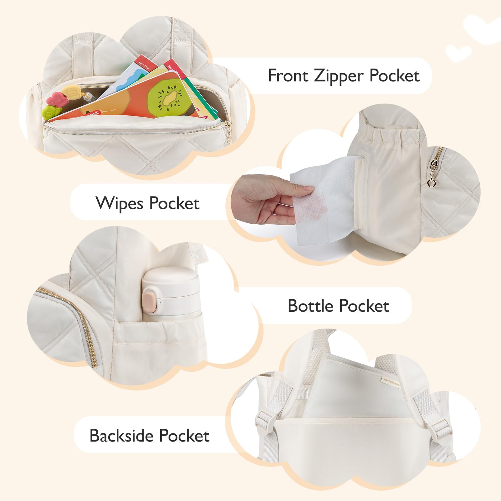 mommore quilted diaper bag backpack side pockets for tissues and bottle