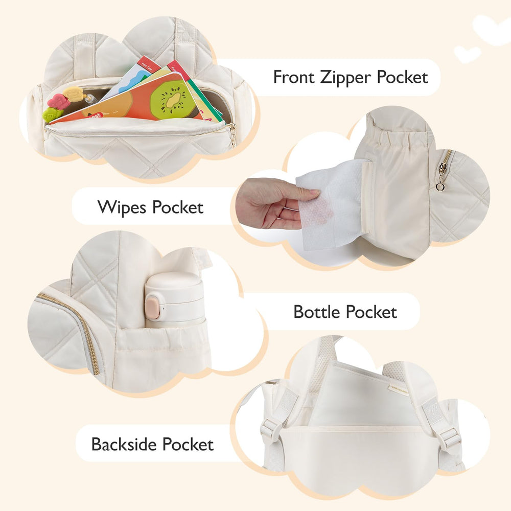 mommore quilted diaper bag backpack side pockets for tissues and bottle
