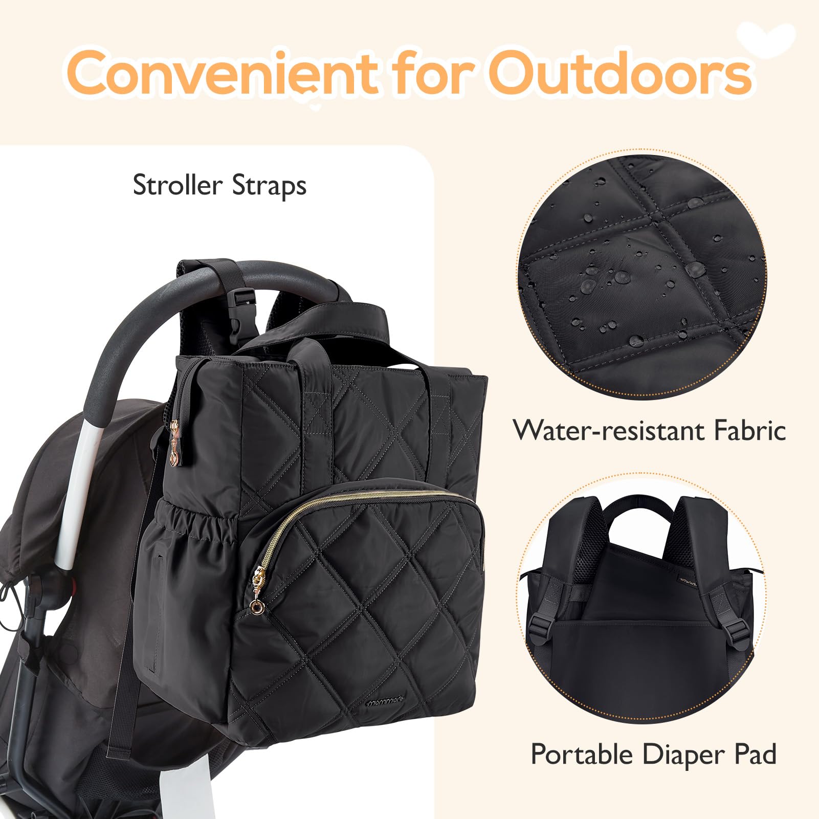 mommore quilted diaper bag backpack stroller clip for hands-free travel