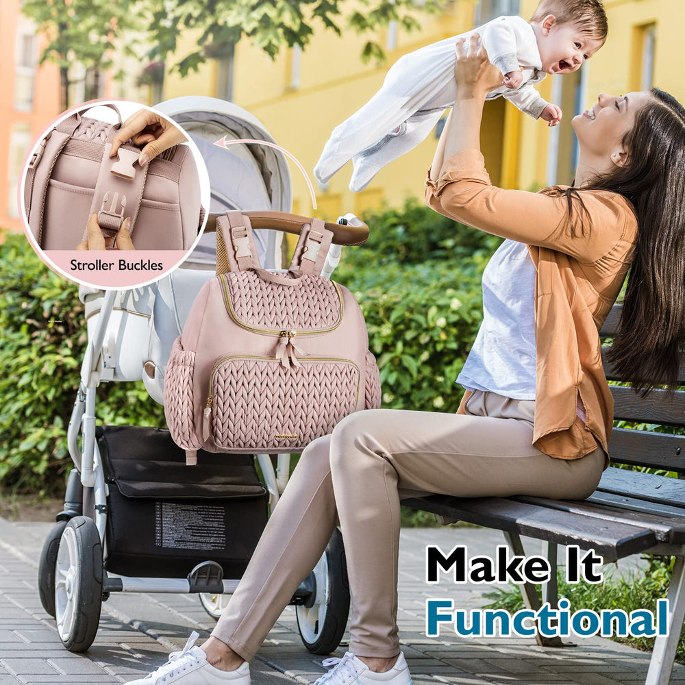 Mommore diaper backpack with insulated pockets keeps bottles warm or cool during trips.