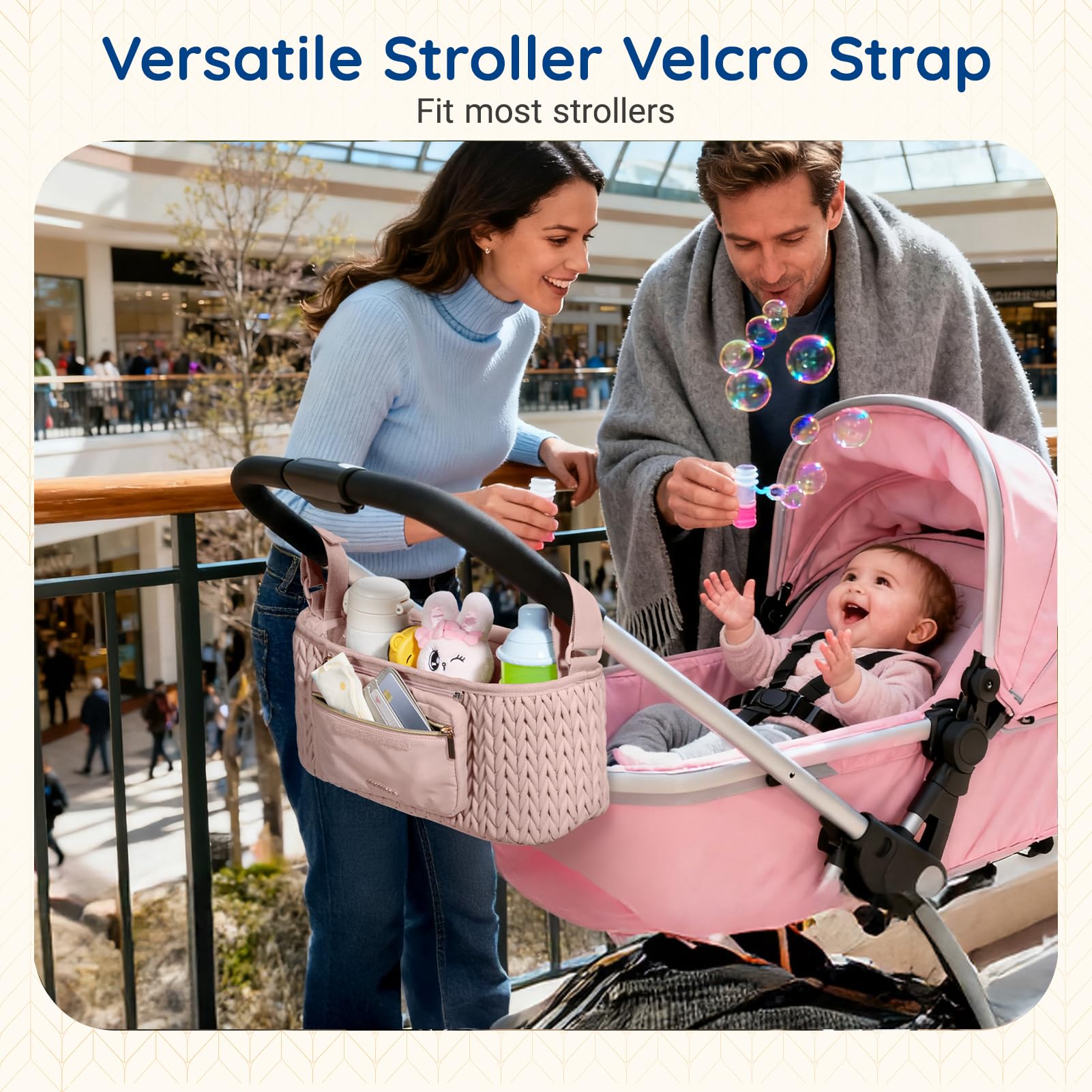 mommore Stroller Organizer with insulated cup holders keeps drinks secure during walks.