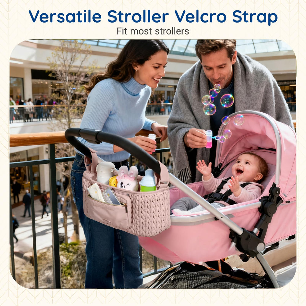 mommore Stroller Organizer with insulated cup holders keeps drinks secure during walks.