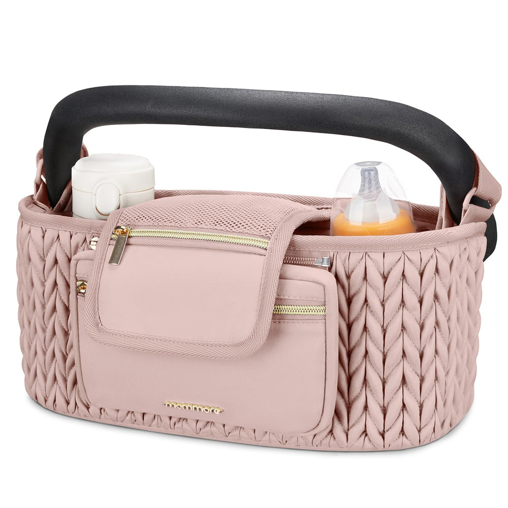 mommore Stroller Organizer with large capacity ready to hold bottles, toys, and wipes on outings.
