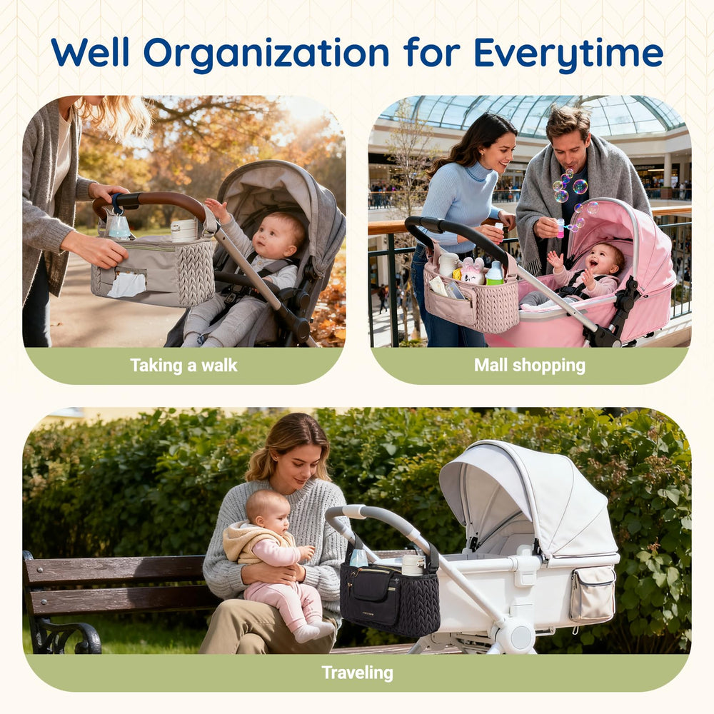 mommore Mesh pocket stores small items for quick access during strolls.