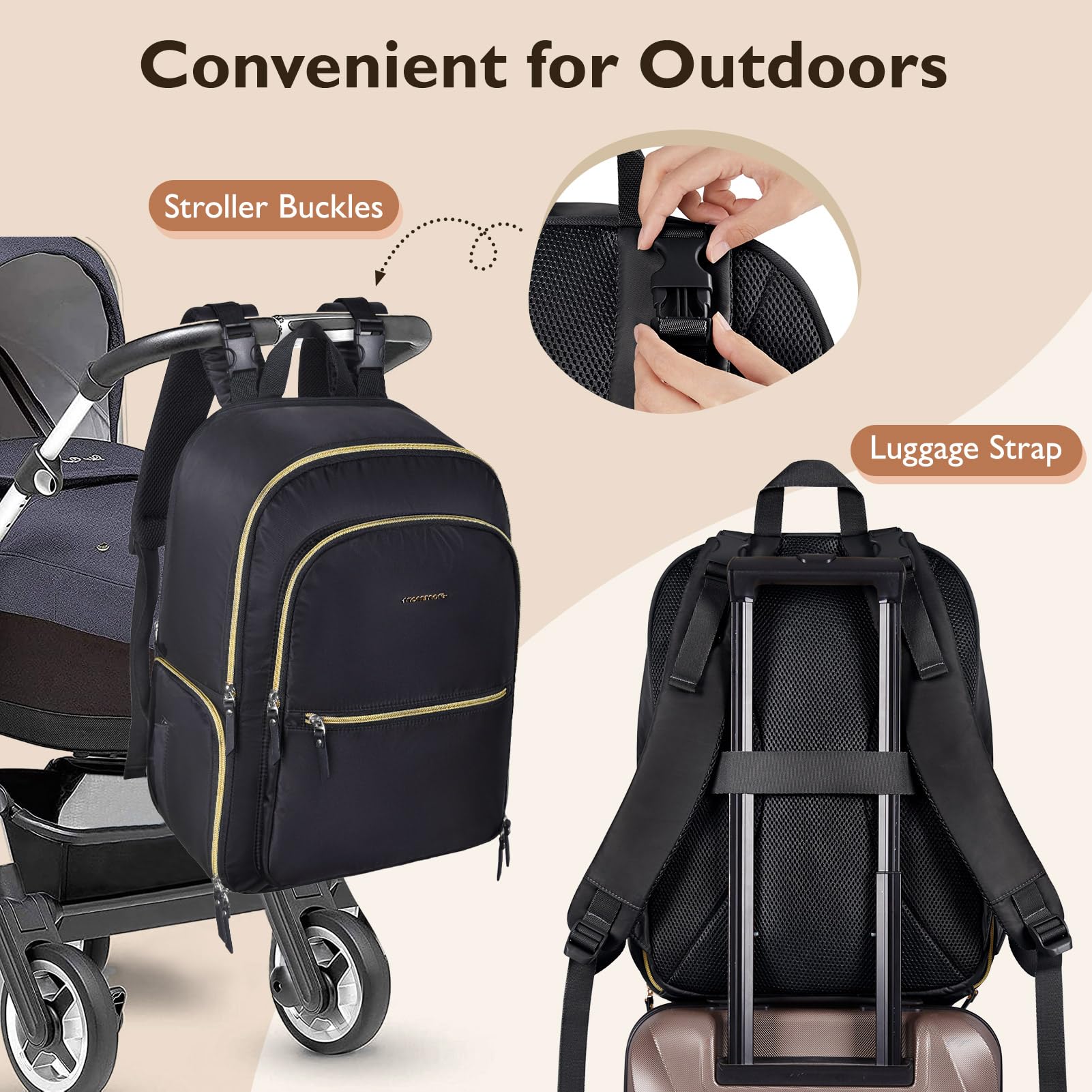 mommore water-resistant diaper backpack is durable and easy to wipe clean