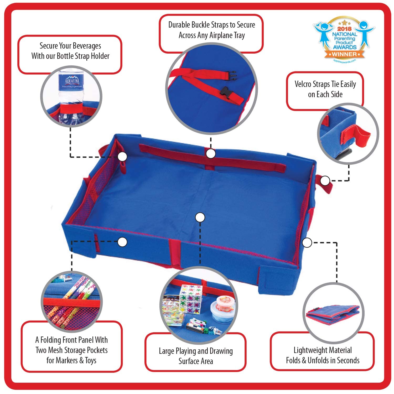 Adjustable straps secure tray to seats without clutter
