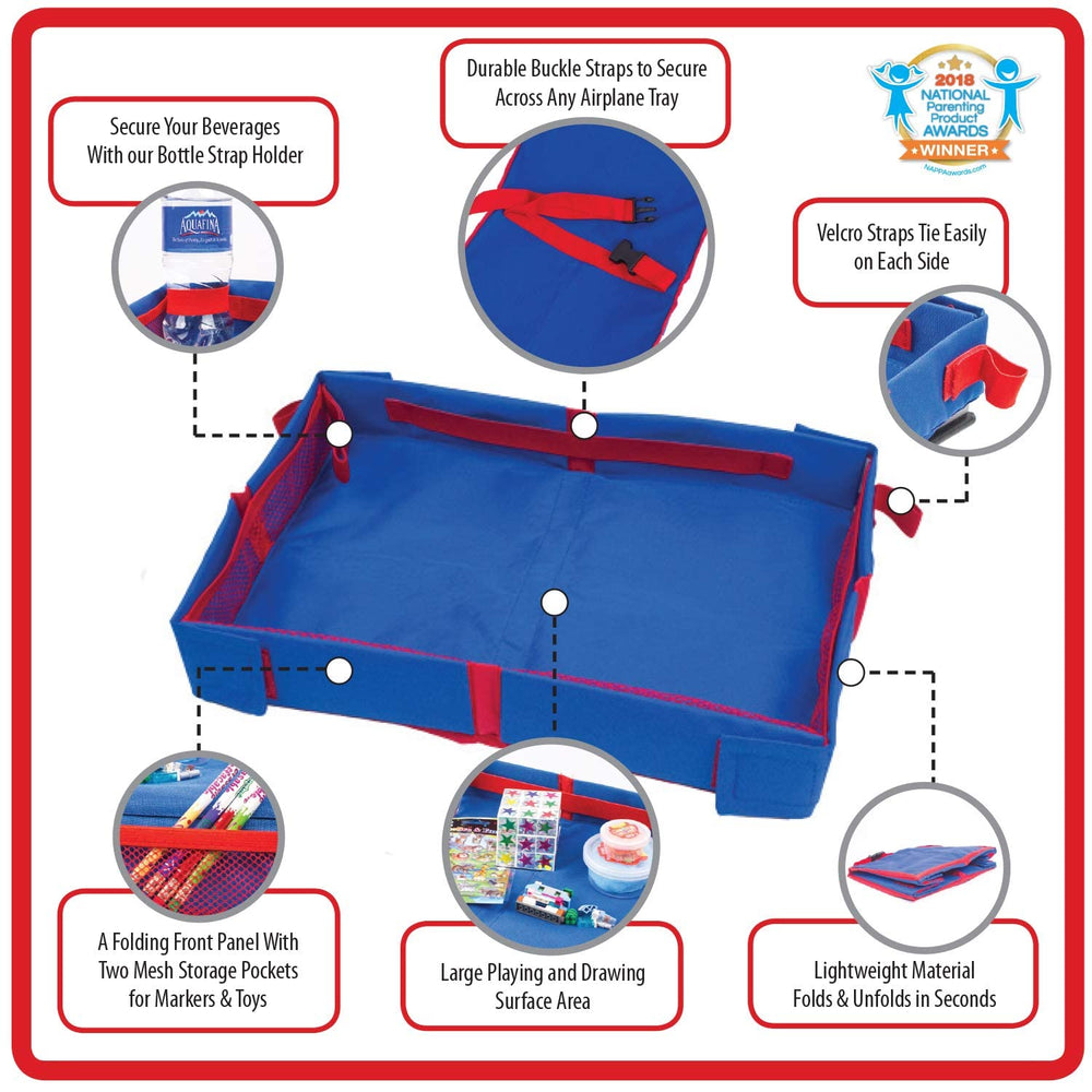 Adjustable straps secure tray to seats without clutter