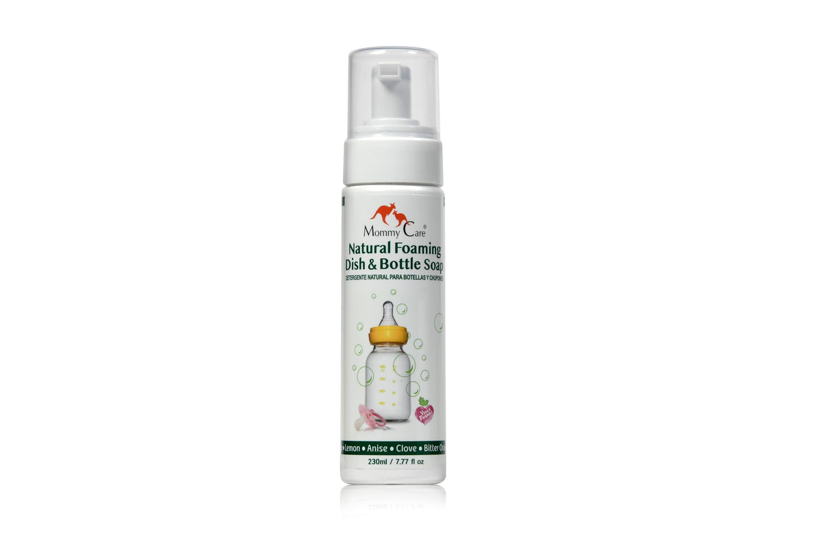 Mommy Care lemon dish soap bottle for safe cleaning of baby bottles and utensils.