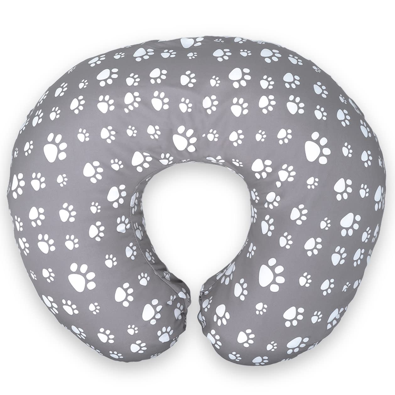 Mommy Leche nursing pillow cover in grey paw print design for unisex style and easy feeding.