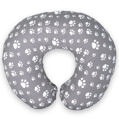 Mommy Leche nursing pillow cover in grey paw print design for unisex style and easy feeding.