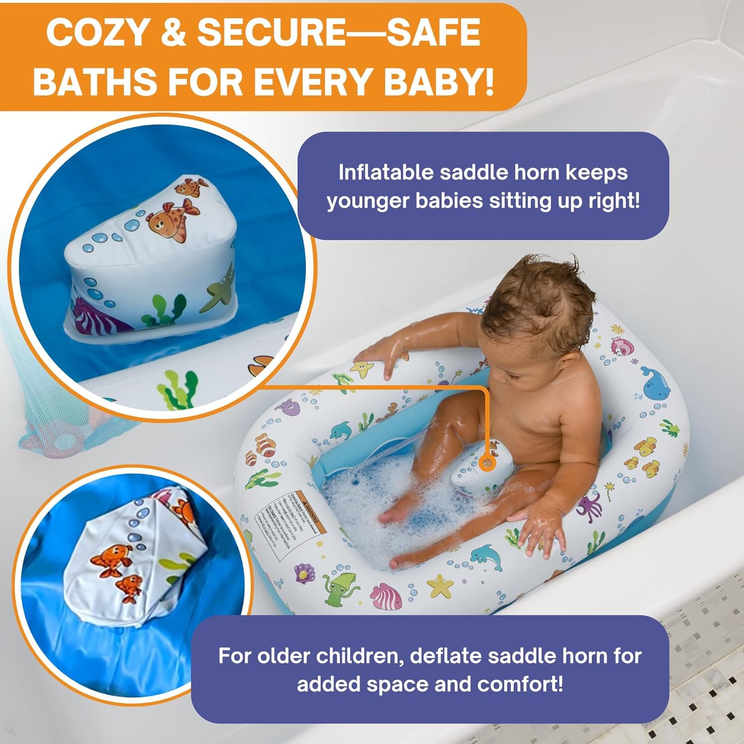 Baby sits upright with saddle horn during bath time.