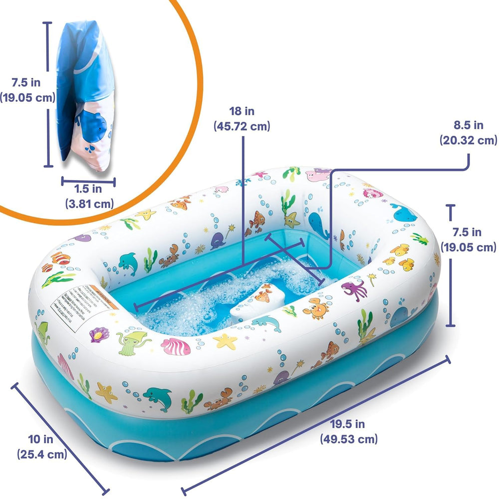 Under-sea bathtub folded, travel-ready and easy to stow in a diaper bag.