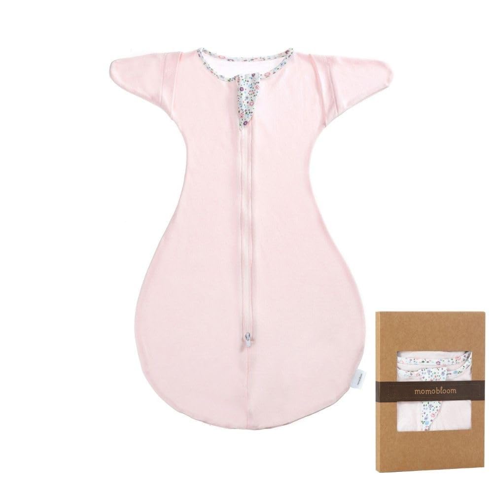 momobloom Baby Sleep Swaddle powder pink, front view; breathable fabric supports comfortable sleep.