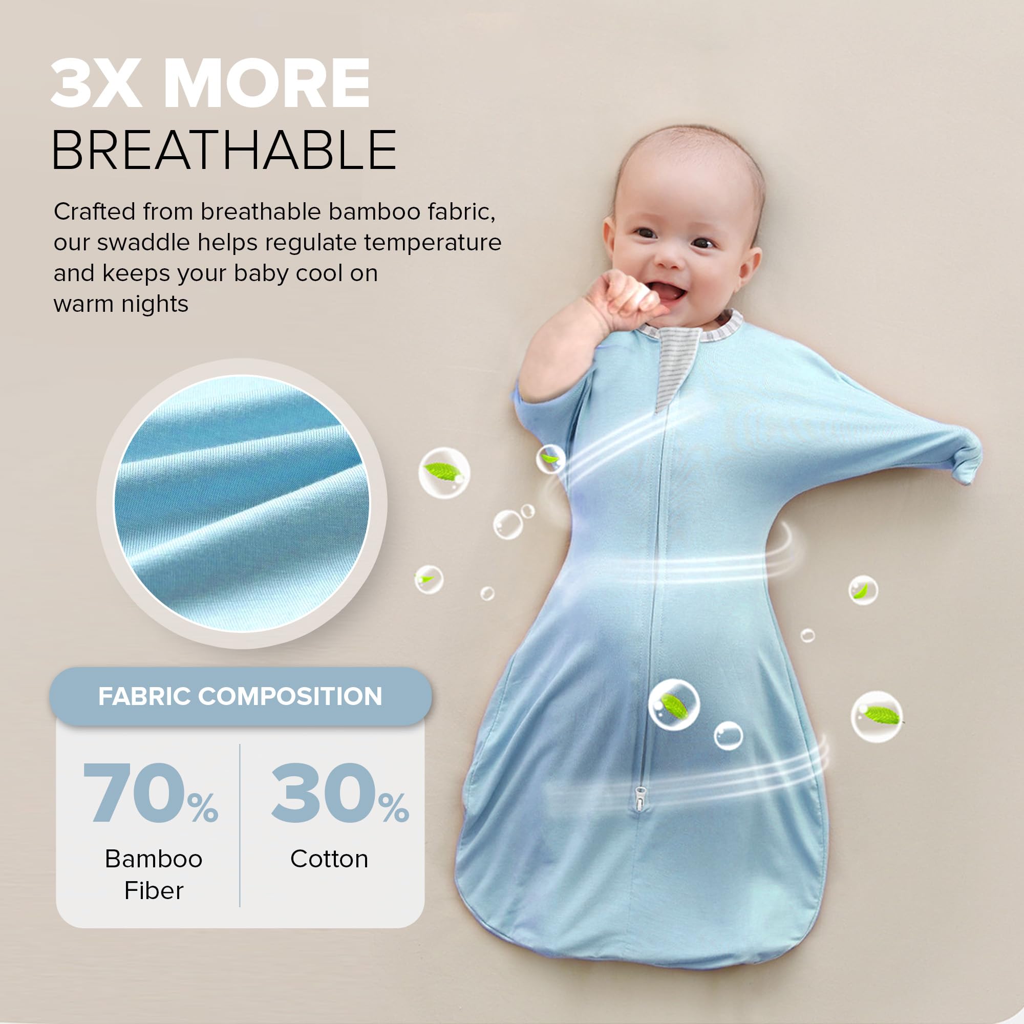 momobloom Baby Sleep Swaddle powder pink, fabric close-up; soft rayon-cotton blend.