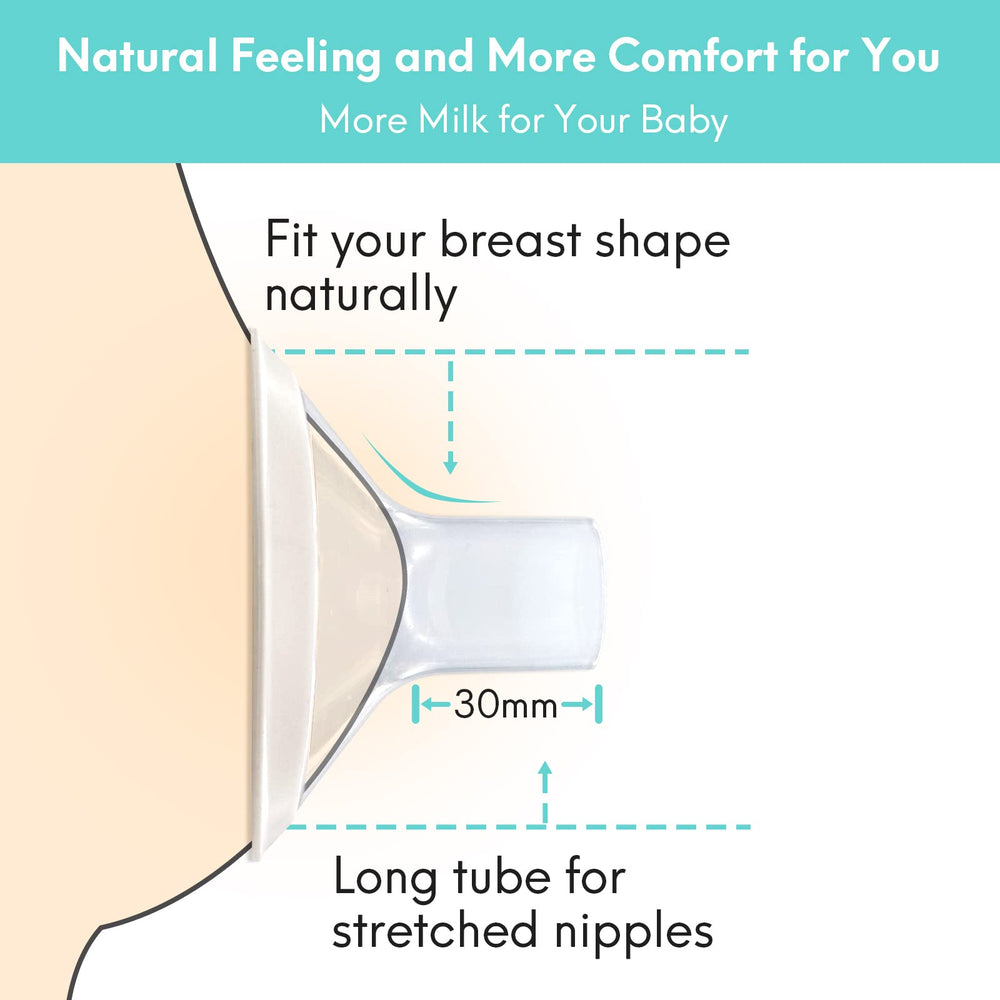 Mompmuir 105-degree angle flange design for a comfortable seal and reduced nipple pressure.