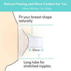 Mompmuir 105-degree angle flange design for a comfortable seal and reduced nipple pressure.