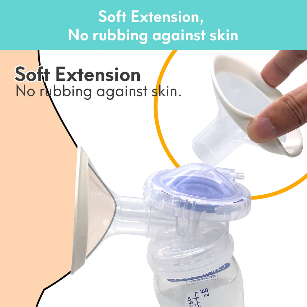 Mompmuir ComfortFit flange soft rim enhances skin comfort during longer pumping sessions.