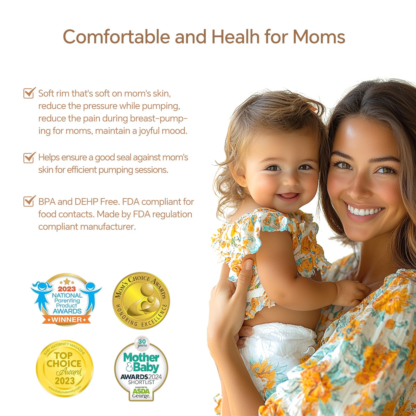 Mompmuir Food-safe medical-grade plastic provides durable, baby-safe pump components.