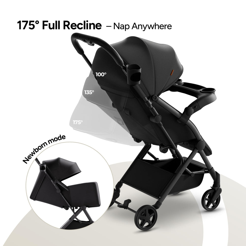 Mompush Lithe V2 UPF50 canopy shields baby from sun.