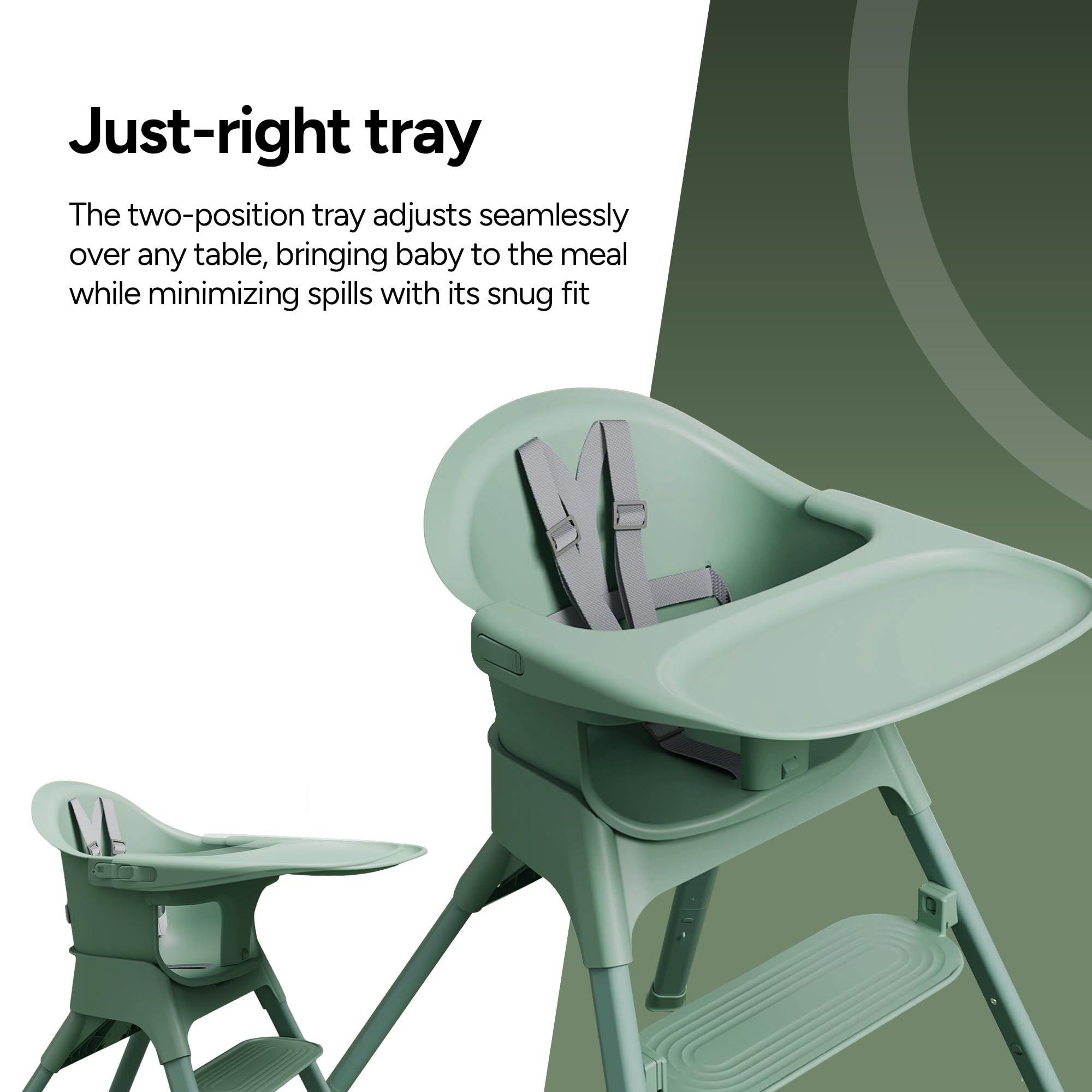Mompush Olli 5-point harness keeps baby secure during meals.