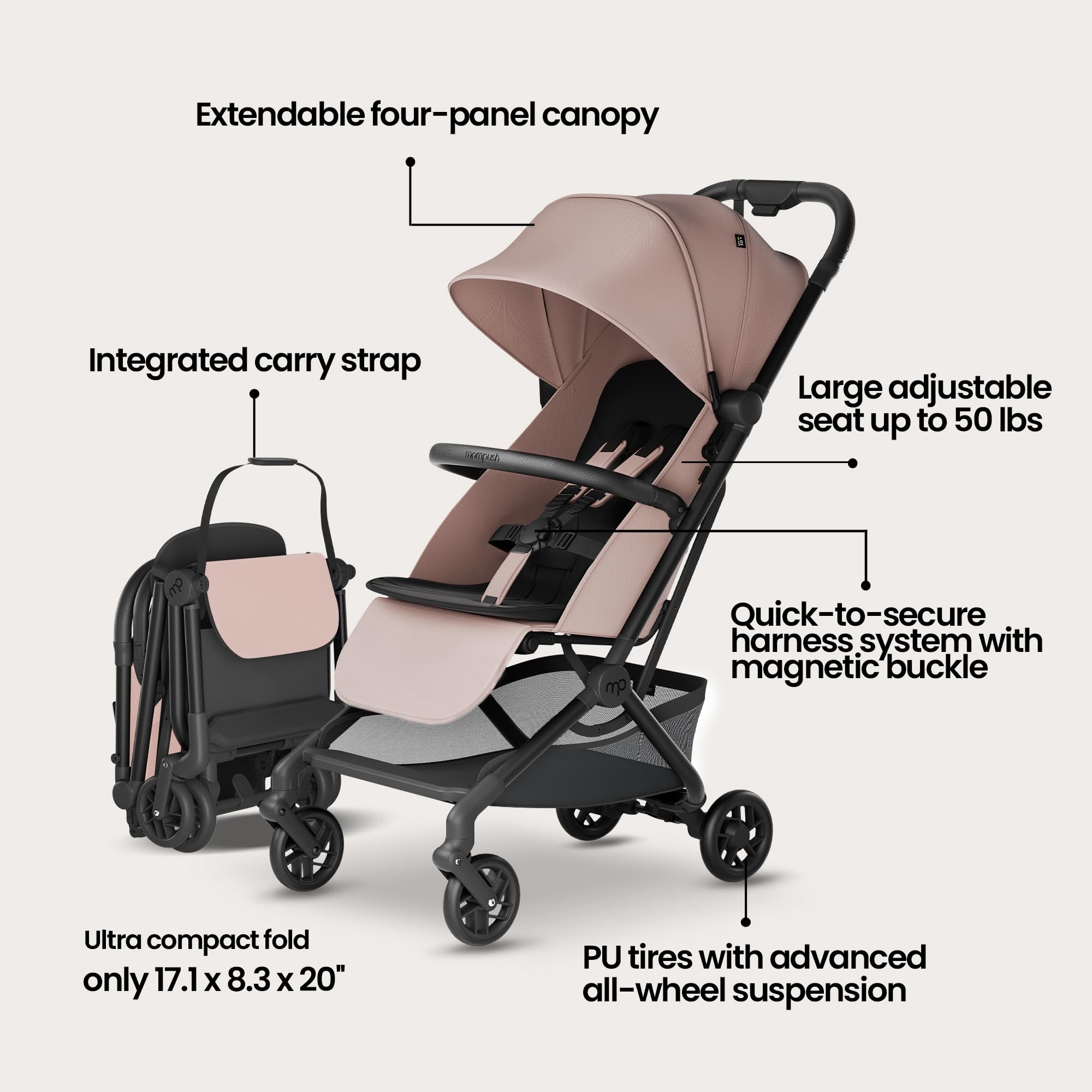 Mompush Velo airplane-ready fit showing overhead bin compatibility.