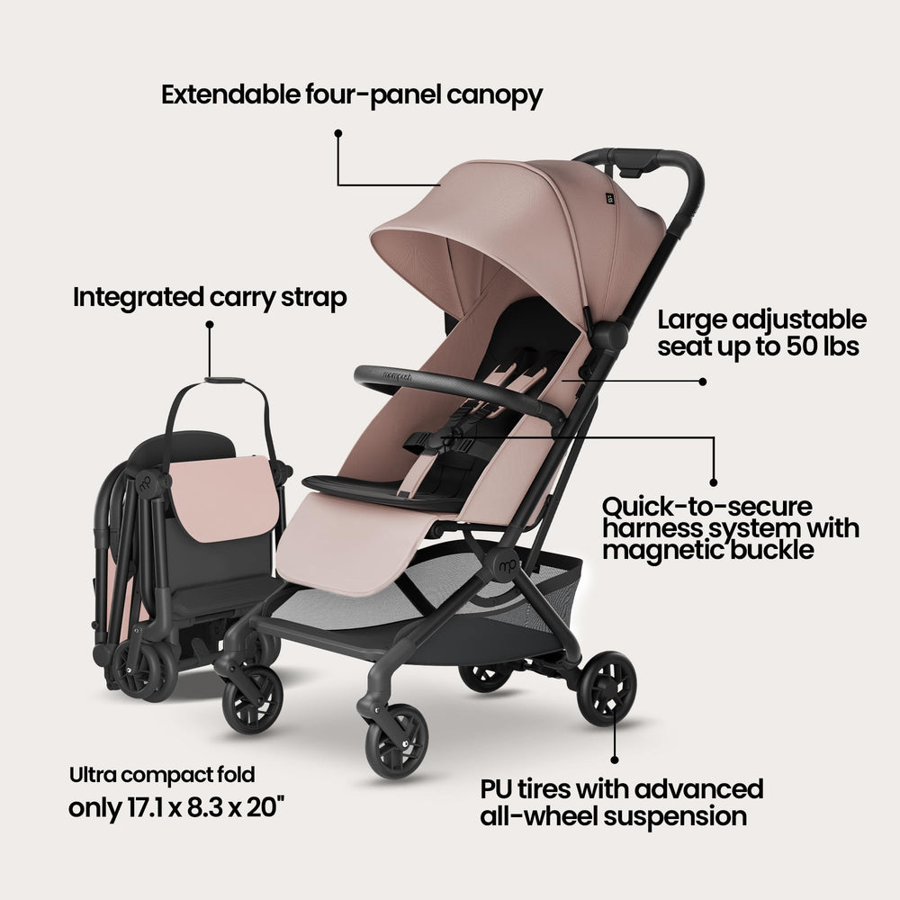 Mompush Velo airplane-ready fit showing overhead bin compatibility.