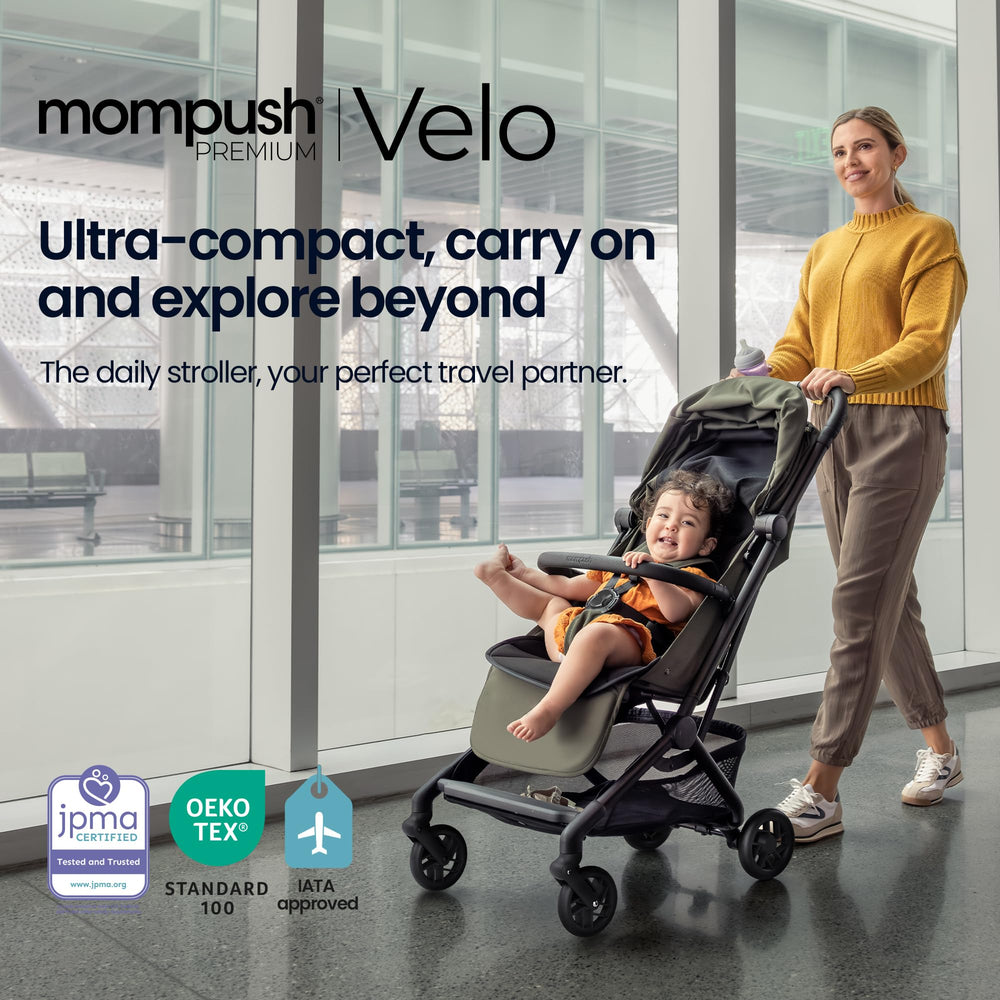 Mompush Velo Airplane-Ready design fits cabin overhead bins for travel.