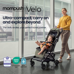 Mompush Velo Airplane-Ready design fits cabin overhead bins for travel.