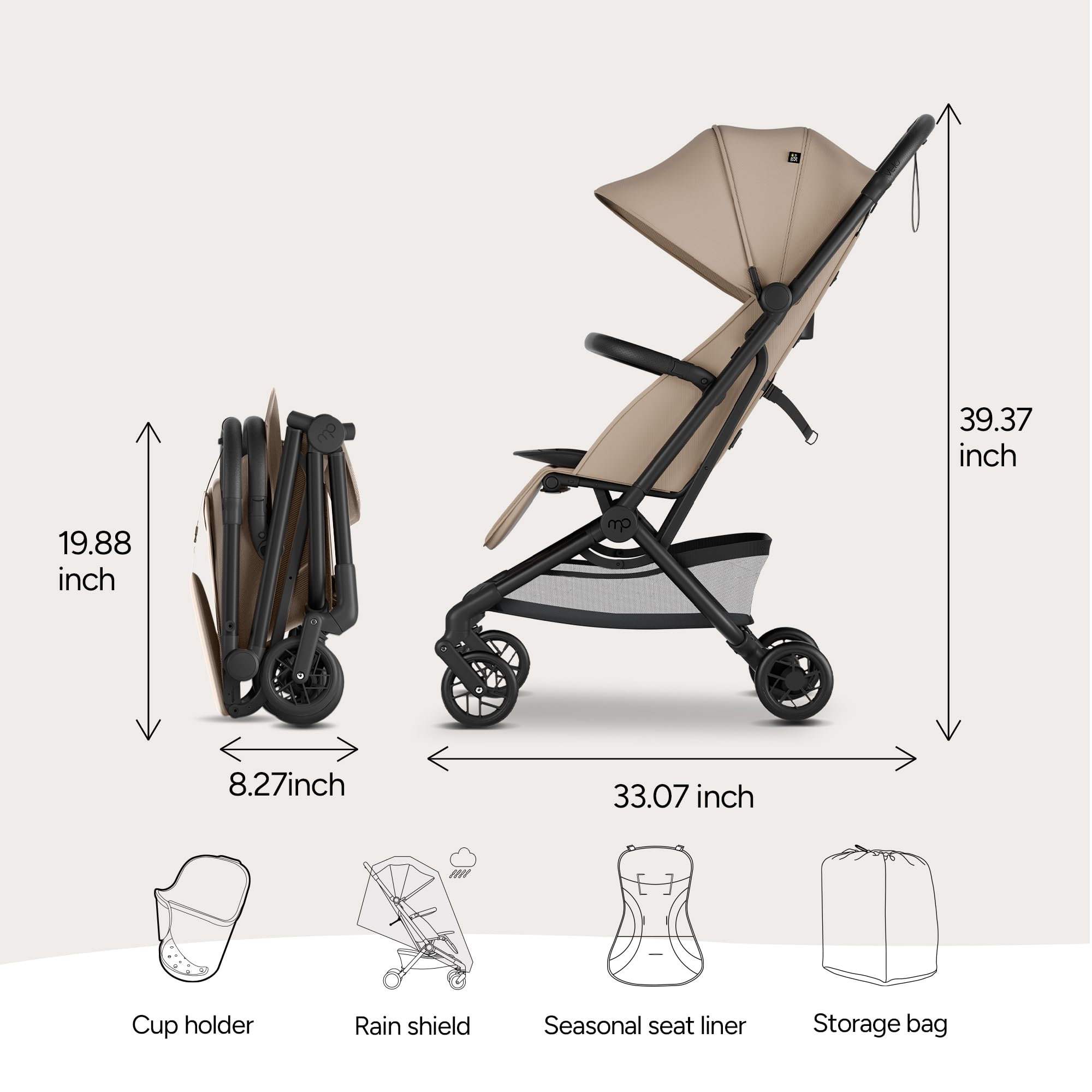 Mompush Velo complete travel system with cup holder and rain cover.
