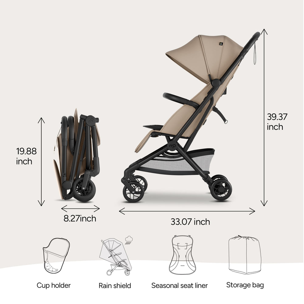 Mompush Velo complete travel system with cup holder and rain cover.