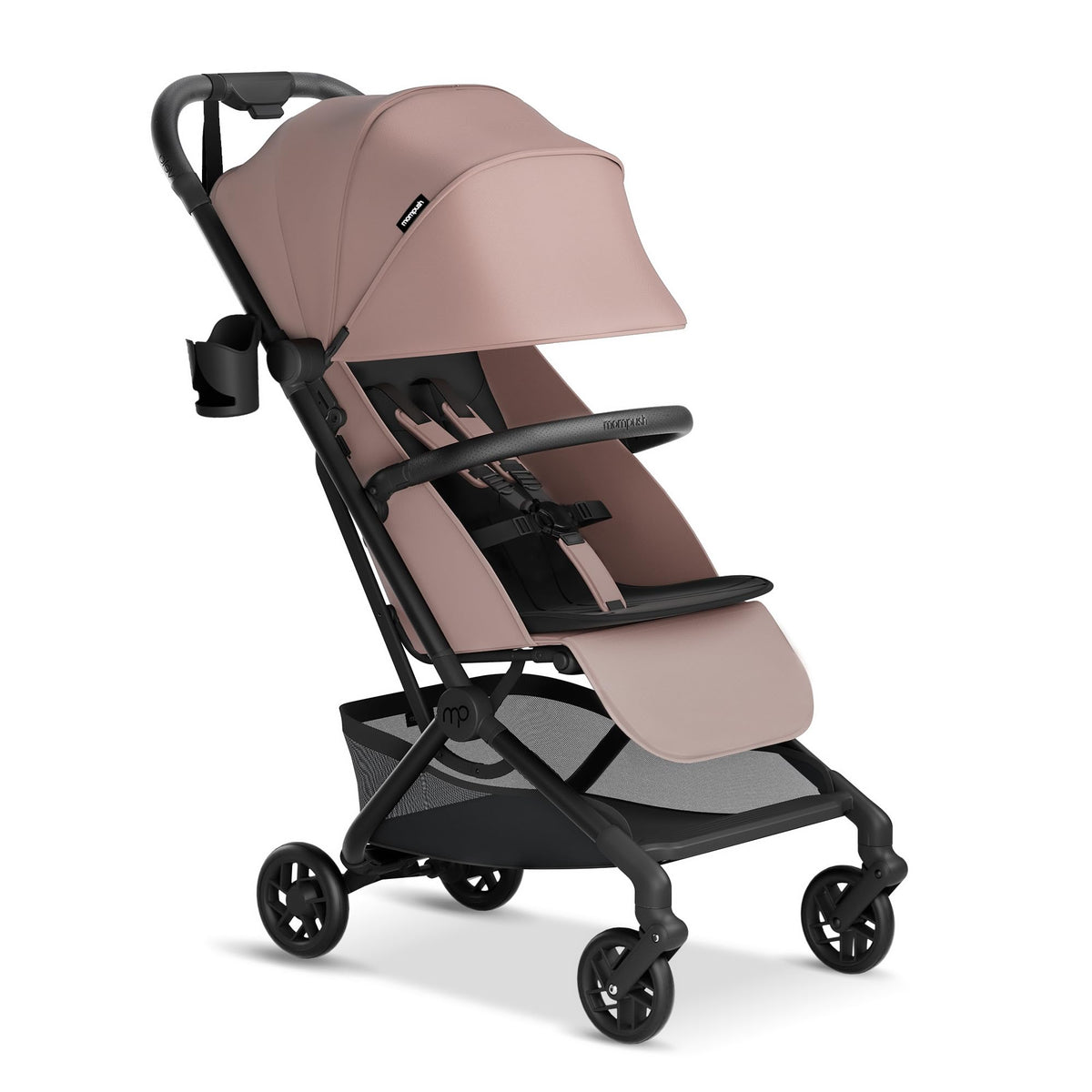 Mompush Velo stroller in compact fold, travel-ready for easy storage.