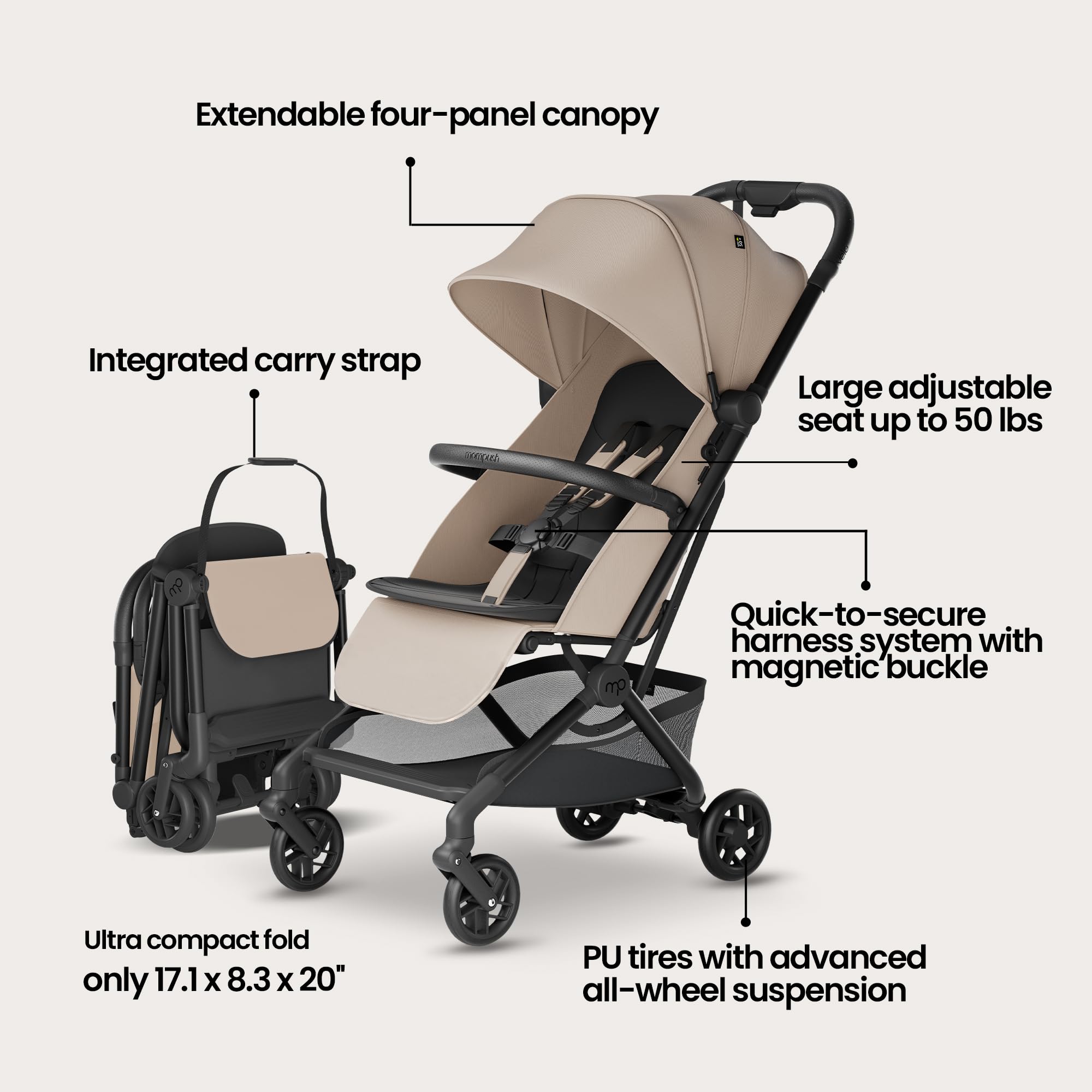 Mompush Velo near-flat seat supports newborn comfort during strolls.