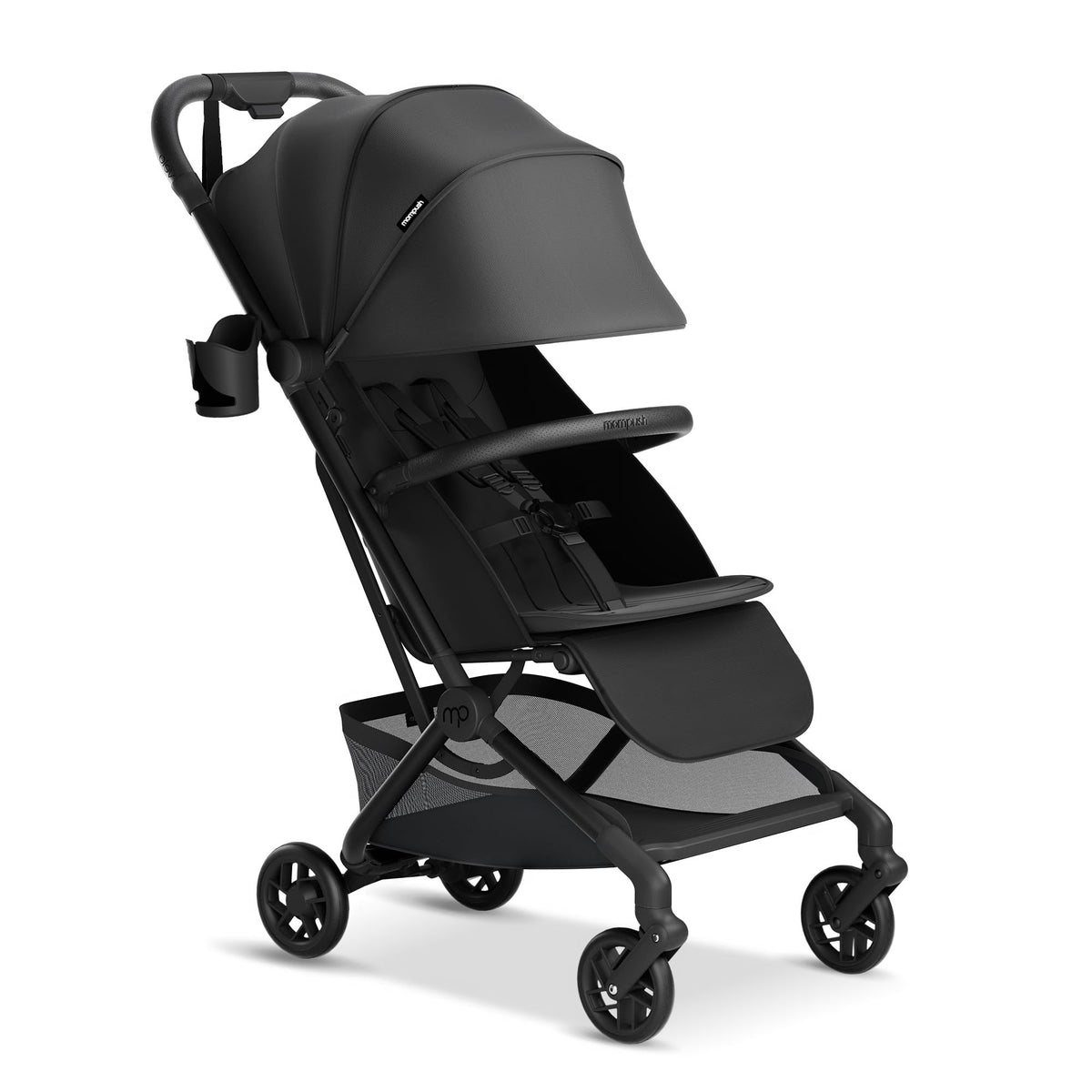 Mompush Velo One-Second Fold for effortless travel and compact overhead bin fit.
