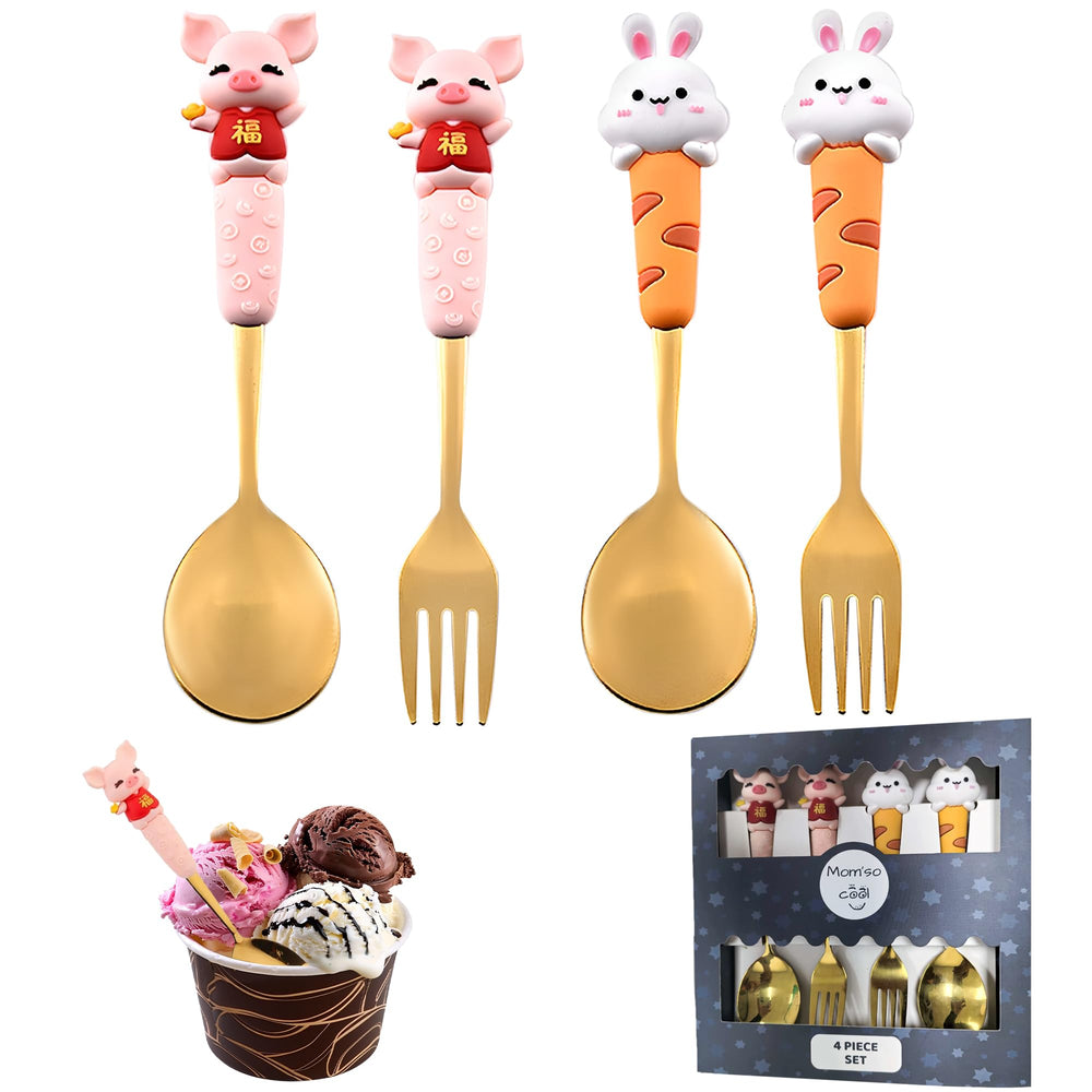 Mom'so cool kids dining setup shows a versatile 4-piece flatware set.