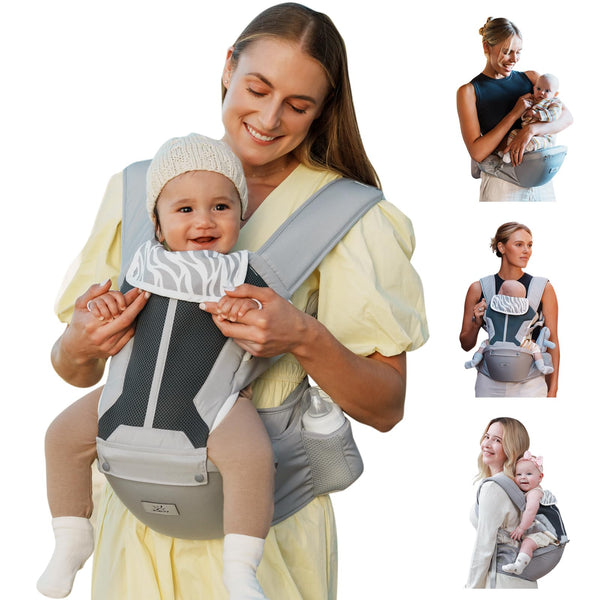 MOMTORY 6-in-1 baby carrier with hip seat supports baby's seated position comfortably