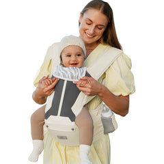 MOMTORY baby carrier shows ergonomic hip seat with balanced weight distribution.