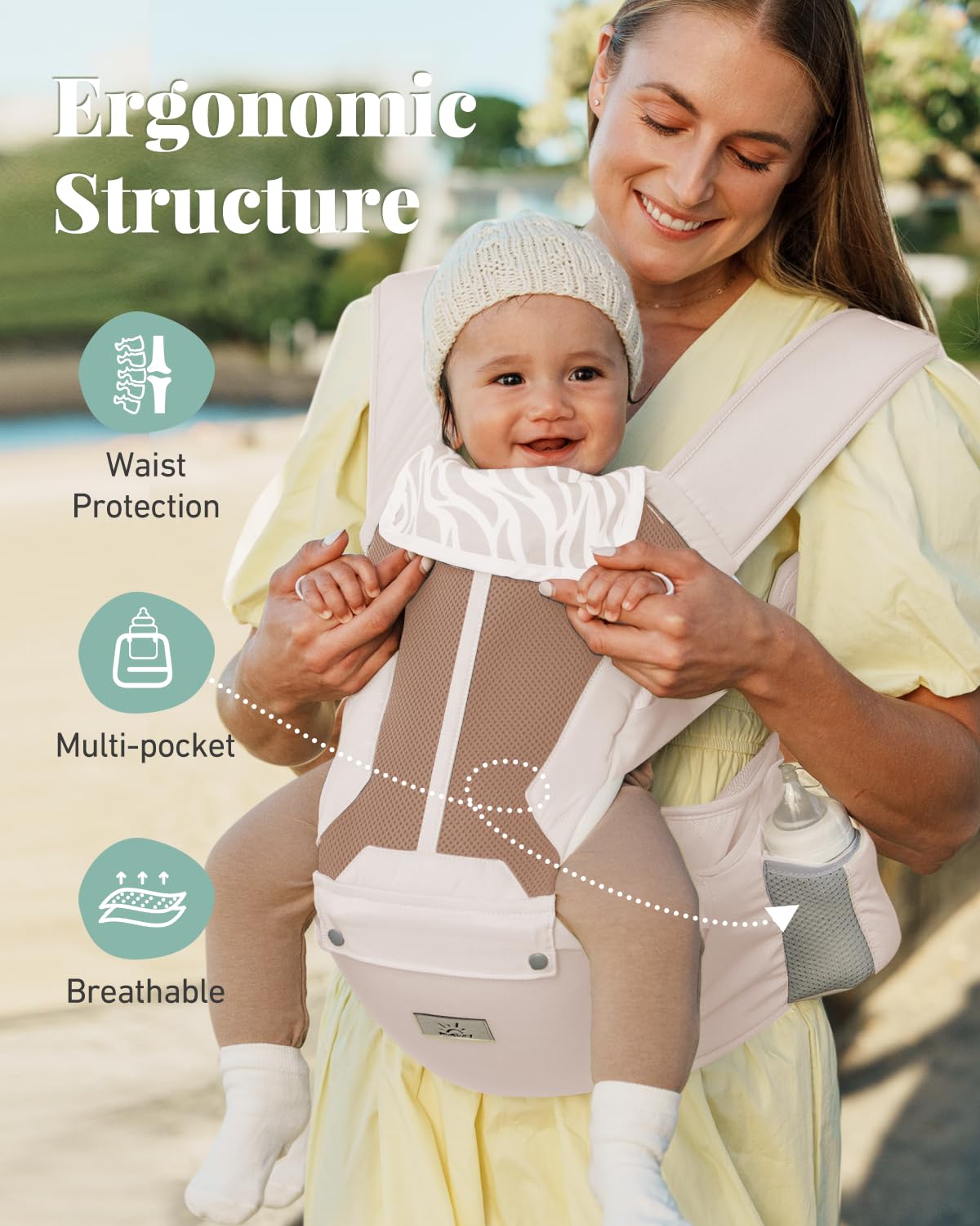 MOMTORY baby carrier featuring convenient pocket storage for essentials.