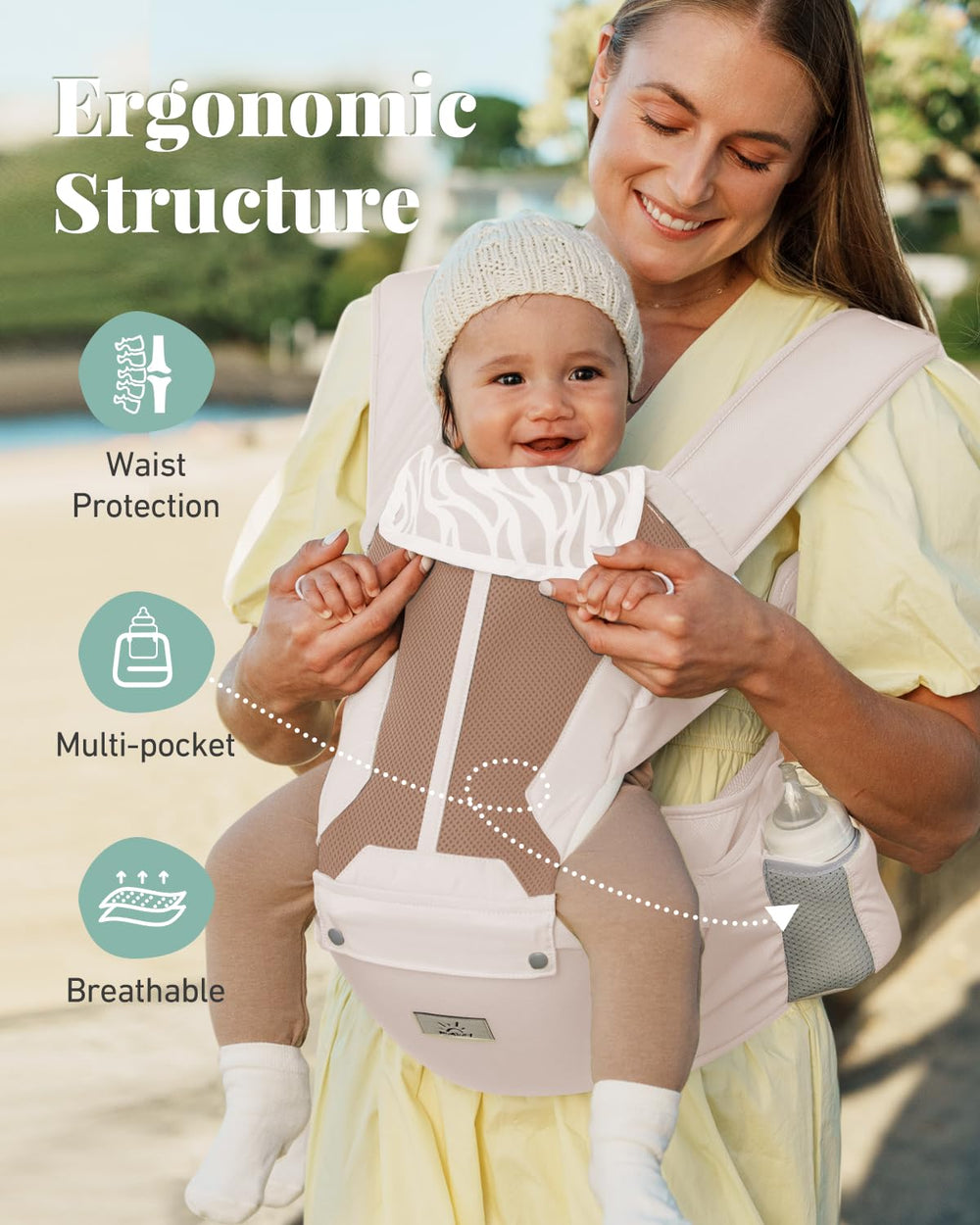 MOMTORY baby carrier featuring convenient pocket storage for essentials.
