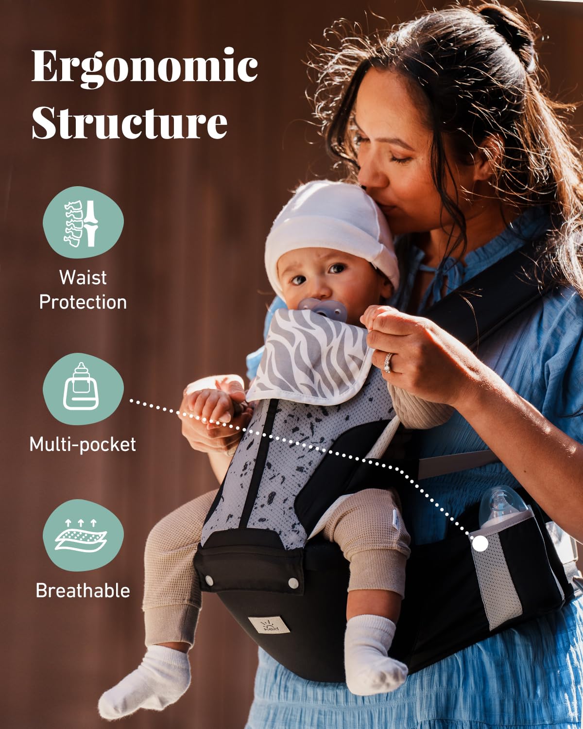 MOMTORY tummy core supports baby with gentle midsection comfort.