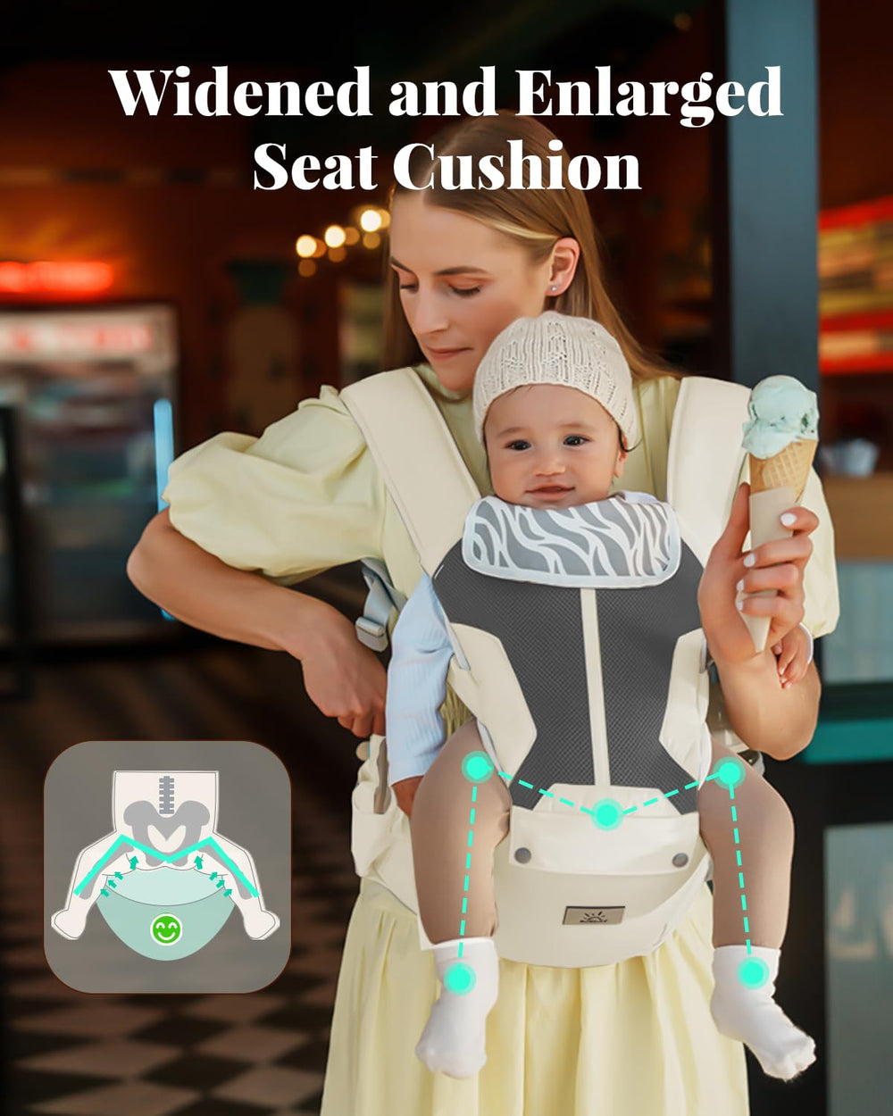 MOMTORY baby carrier wide seat cushion supports comfortable carrying in all positions.