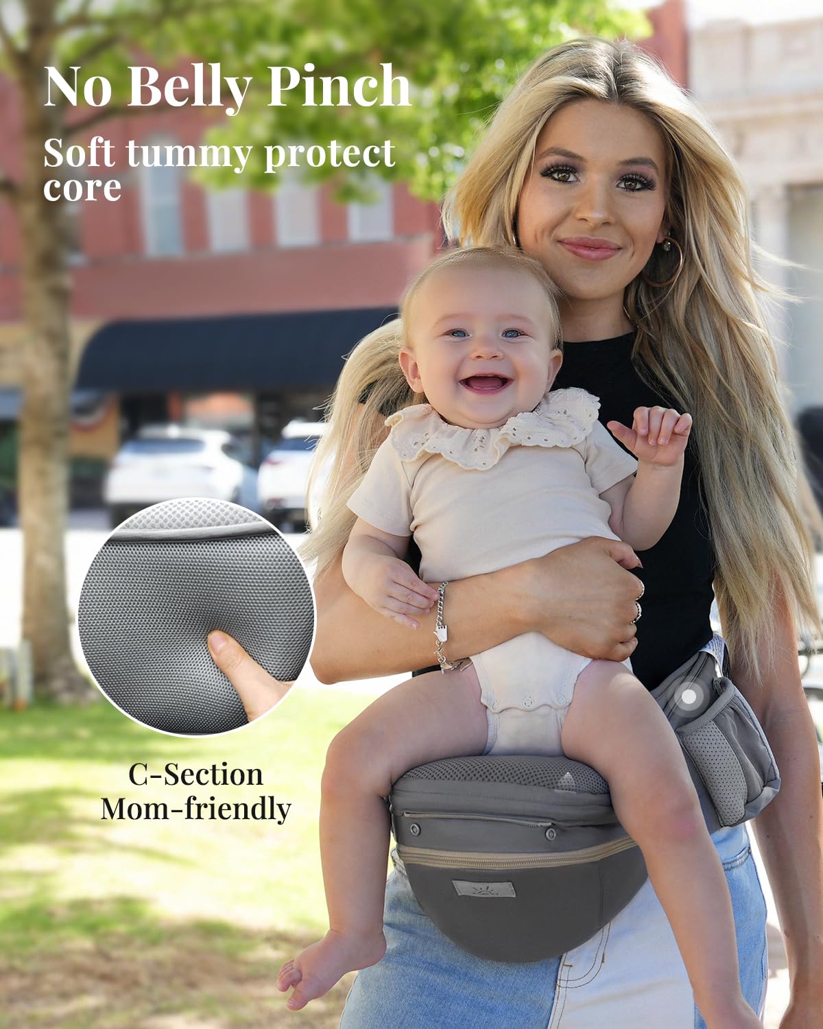 MOMTORY StowNGO Pro diaper bag-friendly carrier with large storage pockets.