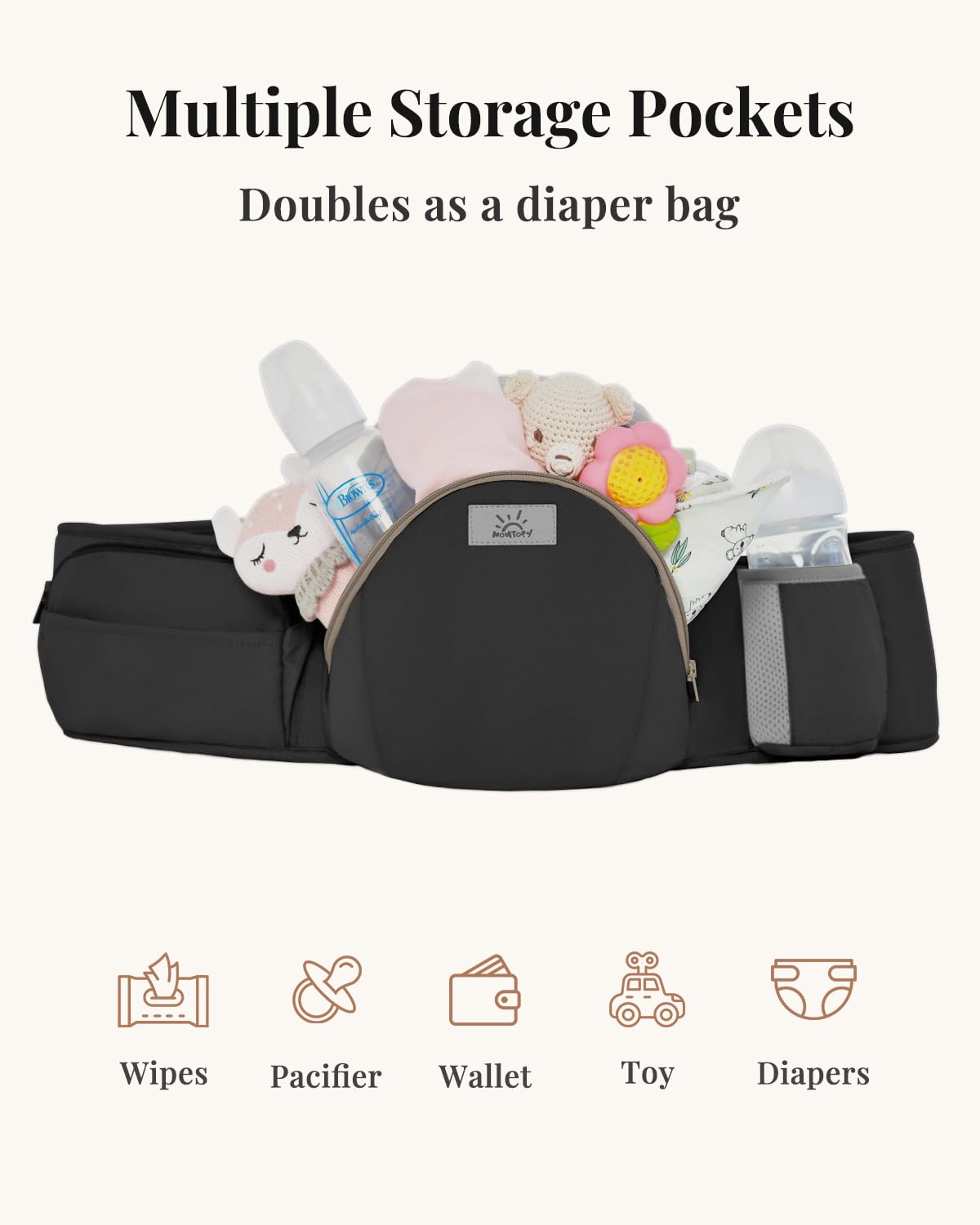 MOMTORY StowNGO Pro hip seat enables ergonomic baby seating