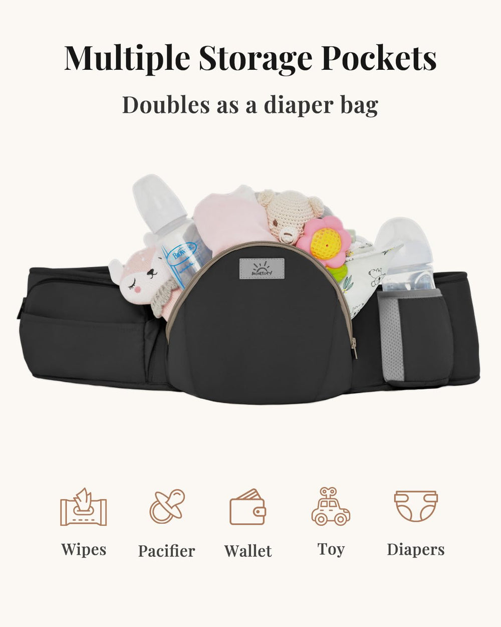 MOMTORY StowNGO Pro hip seat enables ergonomic baby seating
