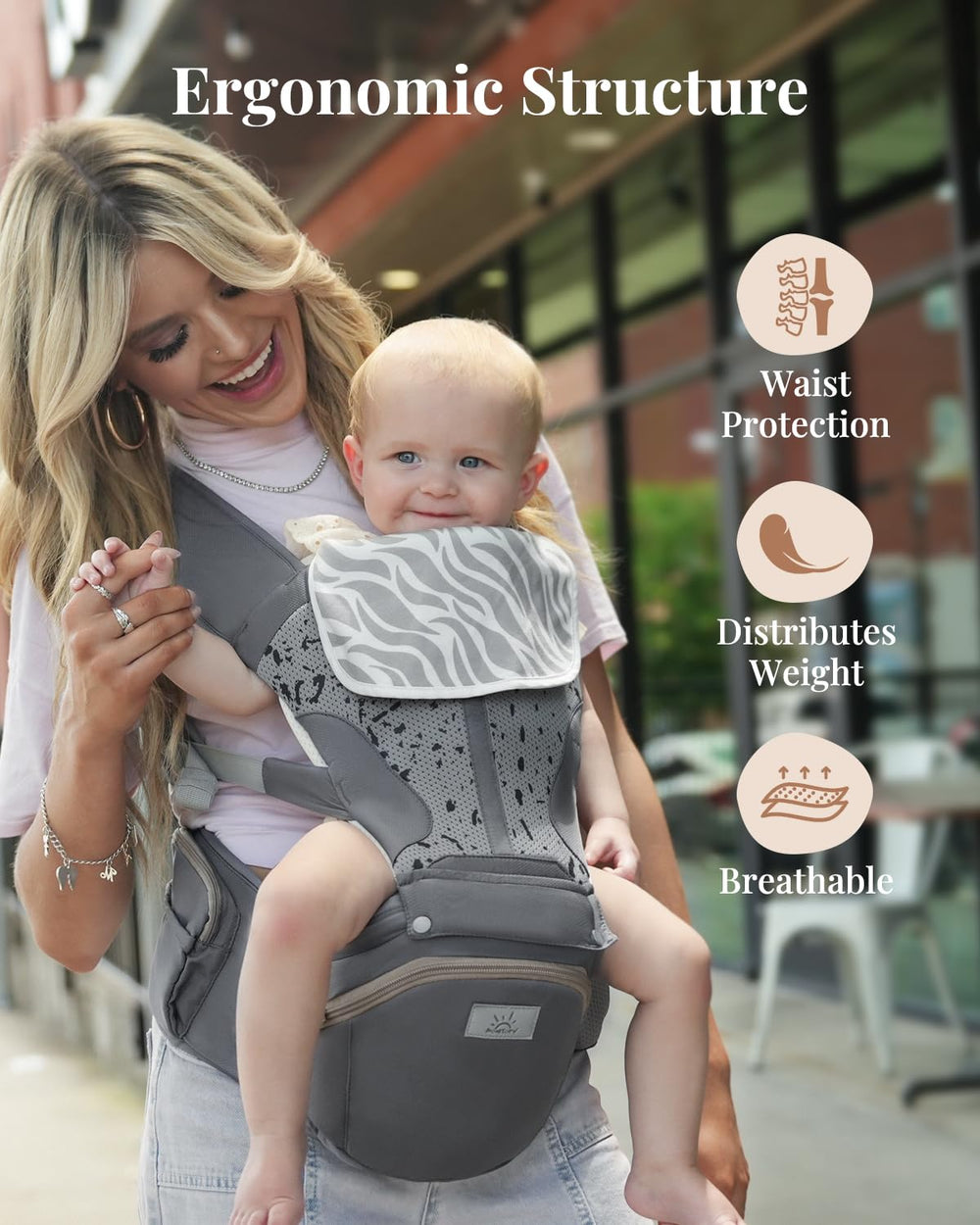 MOMTORY StowNGO Pro hip-seat distribution reduces parent load.